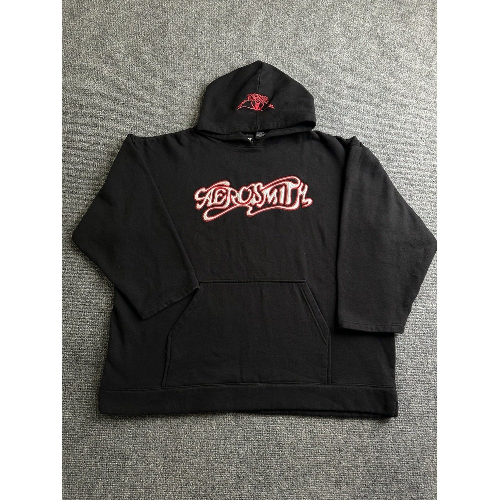 Mens Aerosmith Giant 90s Black Embroidered Pullover Hoodie, Size XL